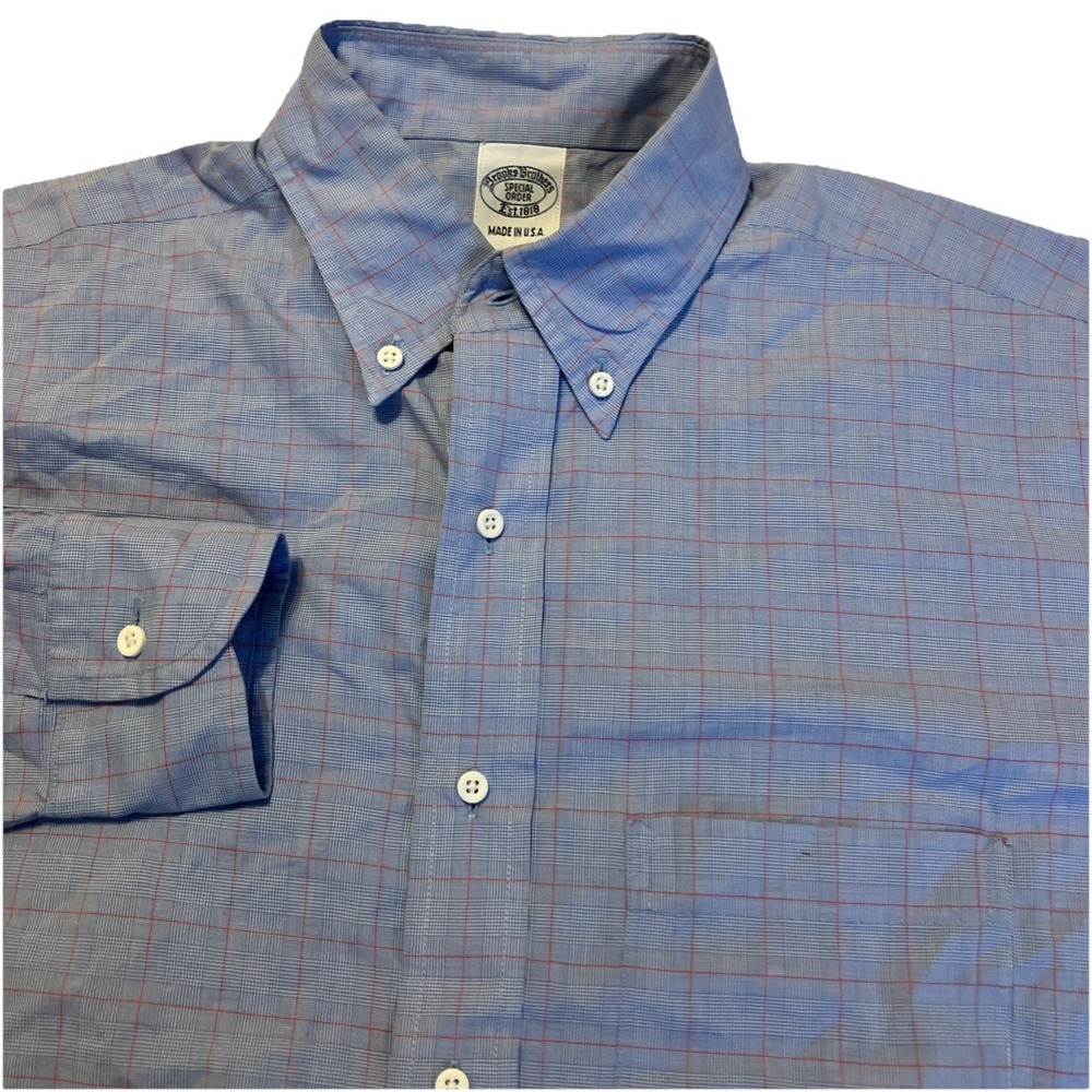 Brooks Brothers Red Blue Plaid Long Sleeve Button USA Special Order XL Custom